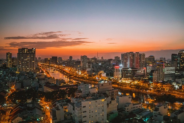 Vibrant cityscape at sunset, representing a unique travel destination