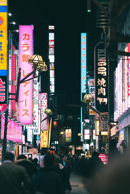 Neon-lit Tokyo street, vibrant urban photography